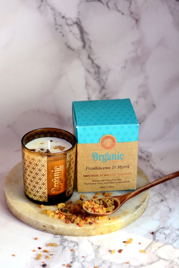 CANDELA ORGANIC IN CERA DI SOIA CON FRAMMNENTI DI FRANKINCENSE & MIRRA GR 200 - ESAURITO00