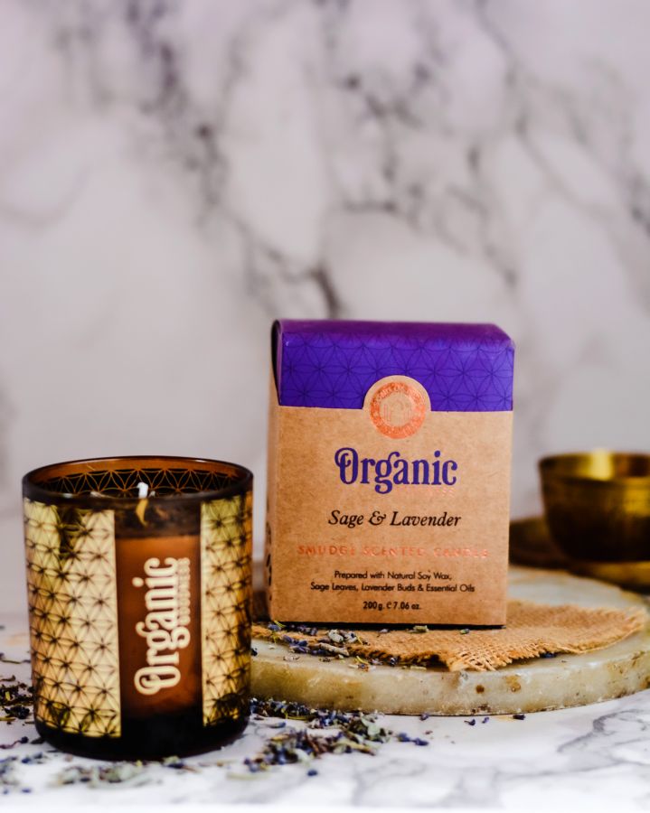 CANDELA ORGANIC IN CERA DI SOIA CON FOGLIE DI SALVIA & LAVANDA GR 200
