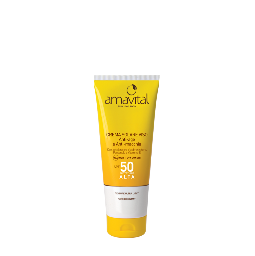 CREMA SOLARE VISO – SPF 50 ANTI-AGE E ANTI-MACCHIA CON ACCELERATORE DI ABBRONZATURA, PANTENOLO E VITAMINA E