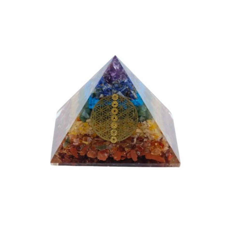 PIRAMIDE ORGONITE "7 CHAKRA" IN RESINA CON RAME, OTTONE E PIETRE DURE CM 8X8 H 6