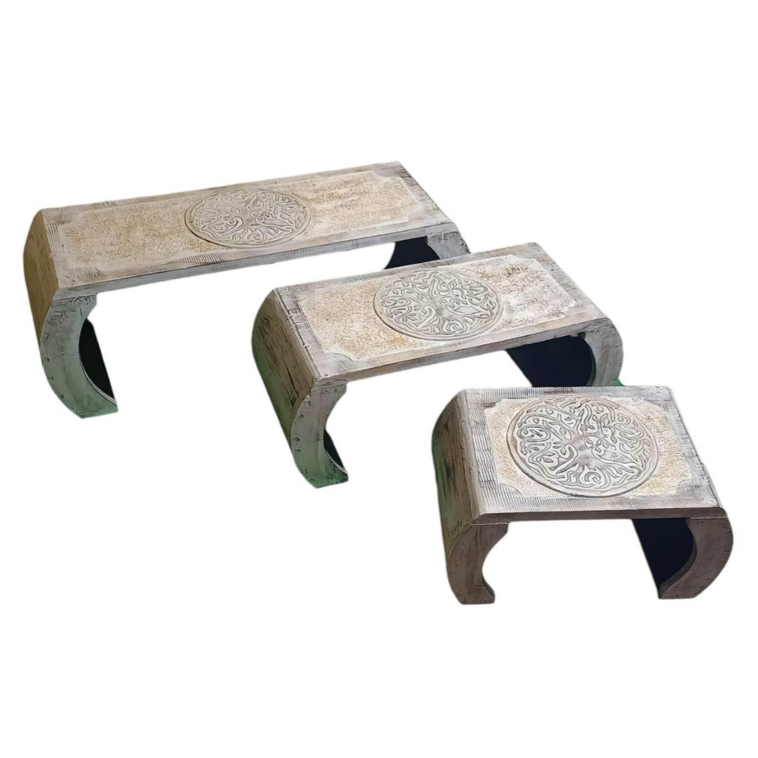 TAVOLINO DA CAFFE' CON SIMBOLI SPIRITUAL SET 3 PEZZI DECAPATI CM H30X30X80