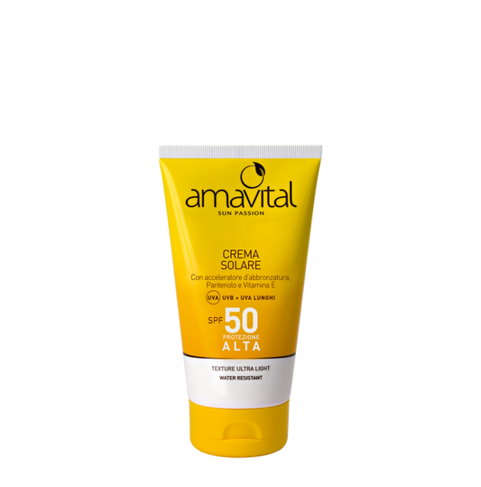 CREMA SOLARE SPF 50 CON ACCELERATORE D'ABBRONZATURA, PANTENOLO E VITAMINA E