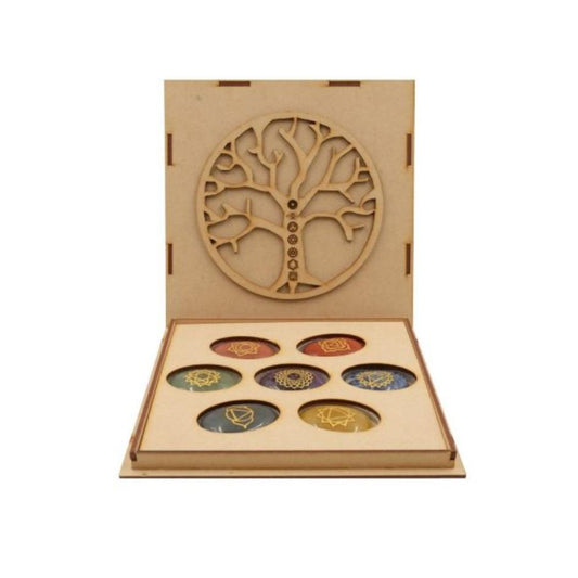 SET PIETRE 7 CHAKRA IN SCATOLA DI LEGNO CON INTARSIO “ALBERO DELLA VITA”