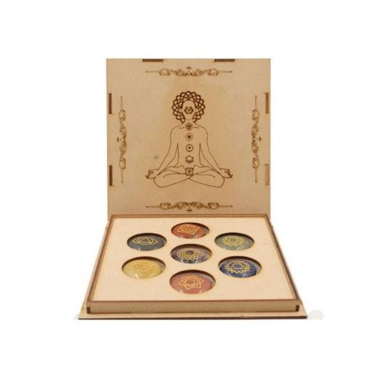 SET PIETRE CHAKRA IN SCATOLA DI LEGNO CON INTARSIO “YOGA”